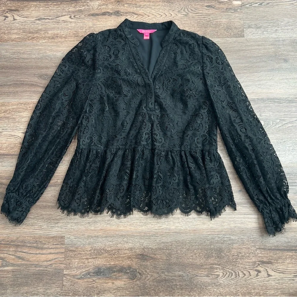 Lilly Pulitzer Jacelynne Black Lace Peplum Top Size Small Long Sleeve Blouse - Picture 2 of 11